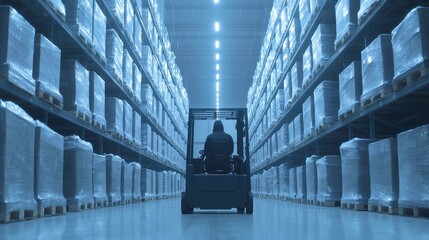 Poster - Warehouse Operations, worker maneuvering a forklift to load packaged goods in a vast distribution center featuring towering shelves and ample open space for efficiency