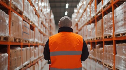 Poster - Warehouse Operations, Worker skillfully maneuvering a forklift to load packed goods onto high shelves in a vast distribution center, organized and efficient environment