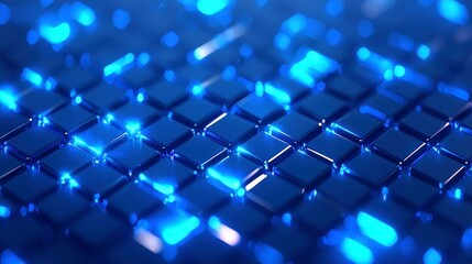 Poster - Abstract dark blue digital backdrop featuring shimmering blue particles, intricate lines, and deep grid-like surfaces, creating a sense of depth and expansive free space