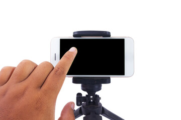 hand touching the phone screen on white background isolated