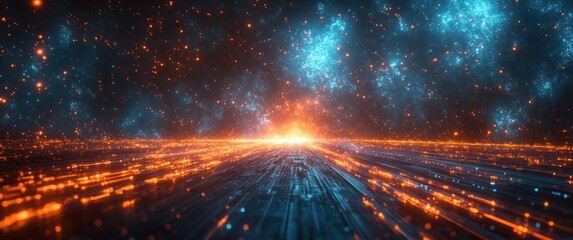 Futuristic 3D Rendering of Hyperloop Speed in Mega City Digital Landscape at Night