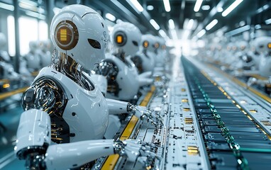Poster - Futuristic robots working on assembly line.