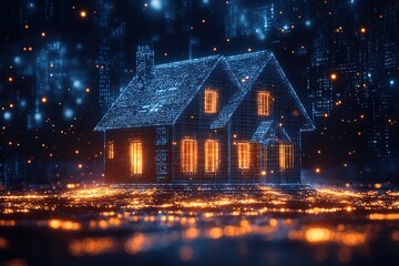 Poster - Digital house model glowing in a futuristic cityscape.  Smart home technology concept.