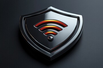 Canvas Print - Secure wireless connection symbolized by a metallic shield with a glowing Wi-Fi signal.  Represents internet safety and protection.