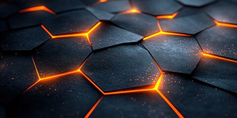 Poster - Abstract hexagon pattern with glowing orange lines. Dark, textured surface with a futuristic feel.