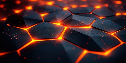 Wall Mural - Abstract hexagonal pattern with glowing orange edges.  Dark, textured surface with internal light.