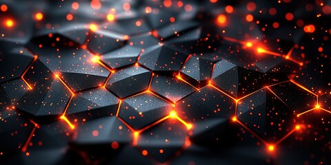 Wall Mural - Abstract dark hexagonal structure with glowing orange lines. Futuristic, technological, and visually striking.