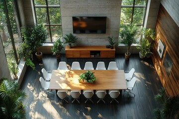 Poster - Modern, sunlit conference room with large windows and lush greenery. Ideal for business meetings or presentations.