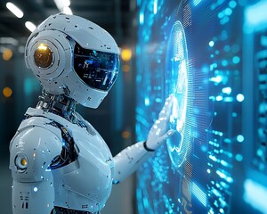Poster - Futuristic robot interacting with holographic display.