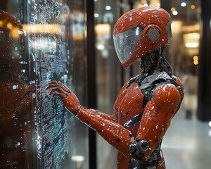 Poster - Orange robot interacting with a digital interface.