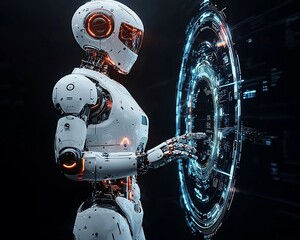 Poster - Futuristic robot interacting with a holographic interface.