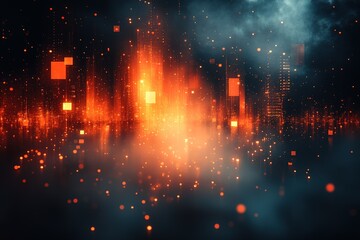 Wall Mural - Glowing cityscape at night, digital art.  Intense orange and blue hues create a futuristic, vibrant scene.