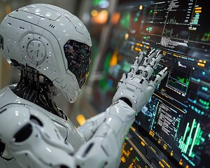 Poster - Futuristic robot interacting with a large digital interface.