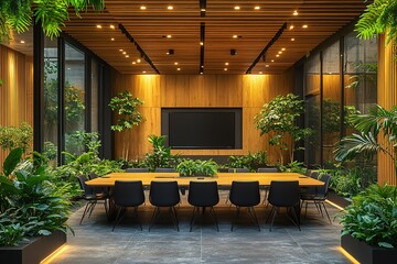 Poster - Modern, plant-filled conference room with a large wooden table and screen.