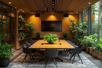 Poster - Modern boardroom with natural light and lush greenery. Ideal for business meetings and collaborations.