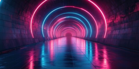 Poster - Futuristic Cyberpunk Tunnel Neon Arcs Glowing Lights Reflections 3D Rendering Background Corridor Stage