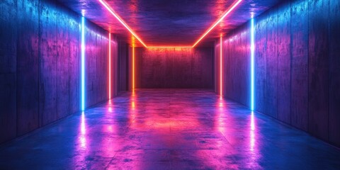 Aufkleber - Futuristic Underground Concrete Room with Blue Light Minimalist Symmetrical Dark Atmosphere Industrial Design Space Studio