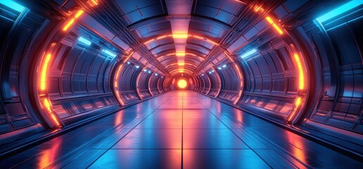 Fototapete - Futuristic Neon Glowing Interior Cyberpunk Aesthetic 3D Rendering Modern Architecture Design Reflective Surfaces Dramatic Lighting