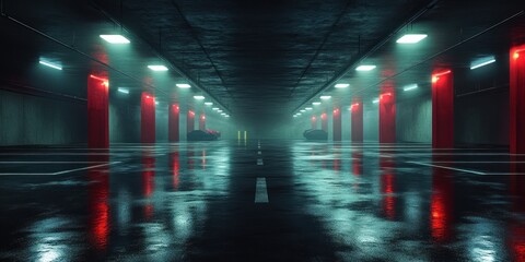 Fototapete - Dark Underground Parking Lot Minimalist Concrete Studio Tunnel Corridor with Dramatic Lighting and Geometric Lines