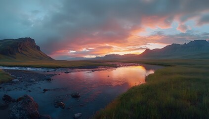 Wall Mural - Serene Sunset Over Icelandic River Valley Mountains