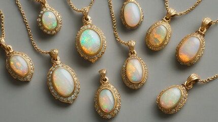 Wall Mural - Opal pendant necklace in a gold setting, arranged on a muted gray background