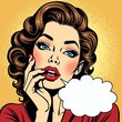 © Yanna - A chic Caucasian woman in pop art style whispering with burst-shaped speech bubble blank space for text