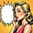 © Yanna - A chic blonde woman in pop art style whispering with burst-shaped speech bubble blank space for text