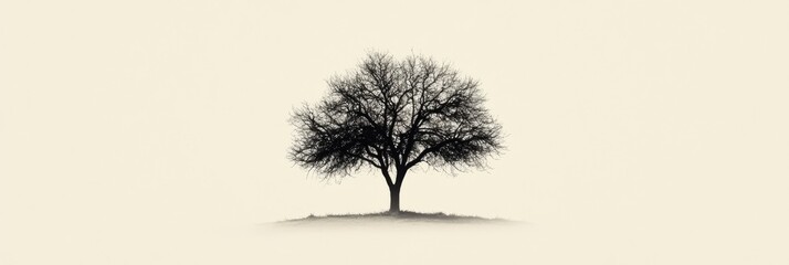 Poster - Lonely tree standing on a minimalistic landscape with a soft background light. Generative AI
