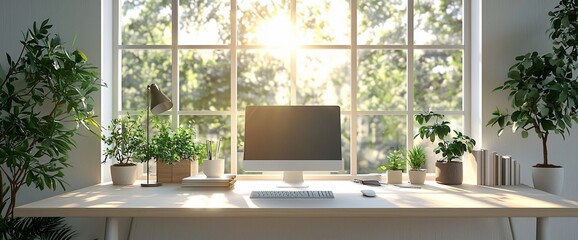 Poster - Sunlit home office workspace with computer, plants, and books.