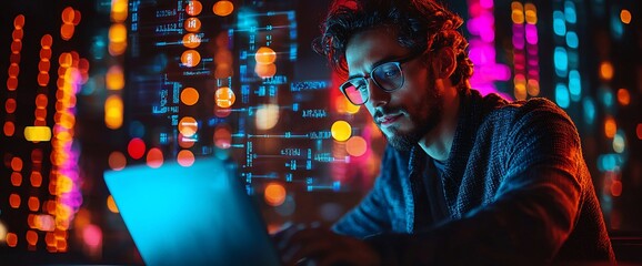 Poster - Focused man works late on laptop with colorful city lights in background.