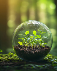 Wall Mural - Seedlings in Glass Sphere on Mossy Surface