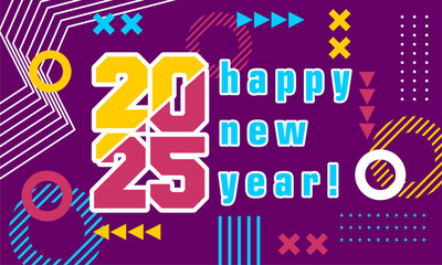 
Happy new year 2025 greeting card template, Trendy typography with geometric hipster pattern in Memphis style, Applicable for banner, calendar, invitation, flyer, social media

