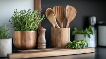 Sticker - Rustic Kitchen Herbs and Wooden Utensils Display