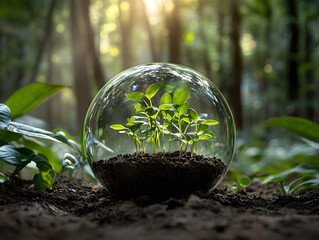 Wall Mural - Seedlings in Glass Sphere within Forest Setting