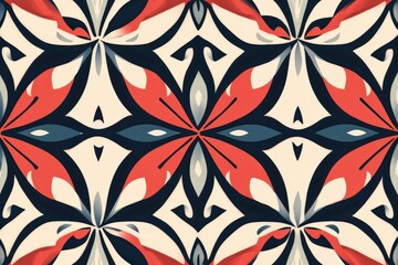 Poster - Decorative textile pattern featuring floral motifs in red, blue, and cream colors created in a symmetrical design. Generative AI