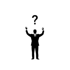 Poster - A black silhouette of a businessman with arms raised, a question mark floating above his head, depicting uncertainty or a quest for answers.