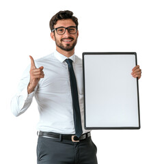 Poster - A smiling businessman in a white shirt and tie holds a blank sign while pointing upwards, suggesting an idea or presentation.
