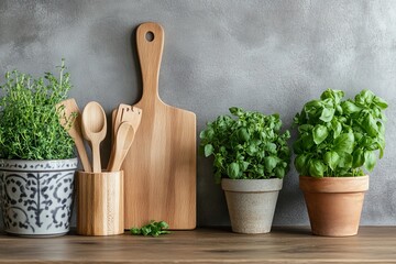 Canvas Print - Rustic Kitchen Herbs, Wooden Utensils, and Cutting Board