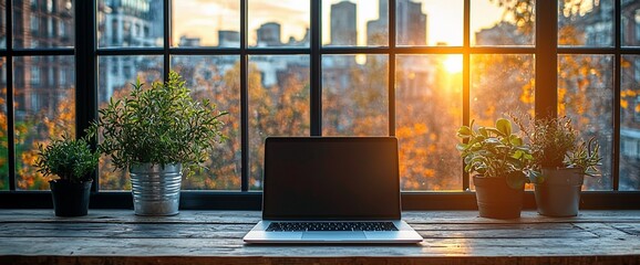 Aufkleber - Laptop on wooden desk by window at sunset.
