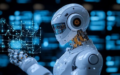 Poster - Futuristic robot interacts with holographic data.
