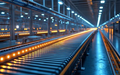 Poster - Illuminated conveyor belt in a modern factory.
