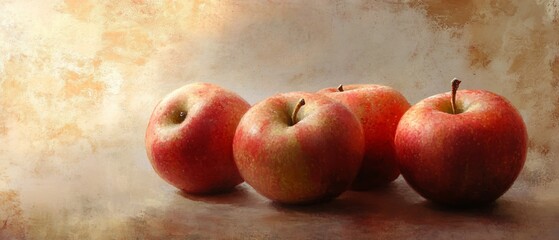 Still life Four red apples on textured background.  Autumn harvest, food photography