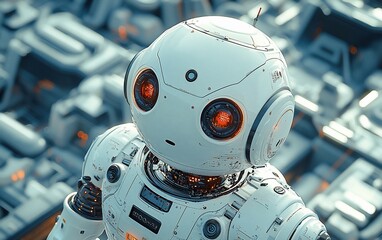 Poster - Close-up of a cute, white robot with orange eyes, standing in a futuristic setting.