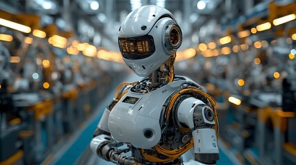 Poster - Female robot in futuristic factory.