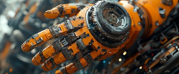 Poster - Close-up of a complex, orange robotic hand with intricate mechanical details.