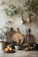 Sticker - Rustic Kitchen Still Life with Wooden Cutting Boards