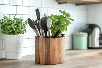 Canvas Print - Rustic Wooden Utensil Holder with Fresh Herbs in Kitchen