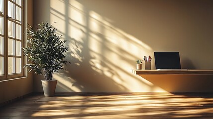 Poster - Sunlit minimalist home office with laptop, plant, and floating desk.