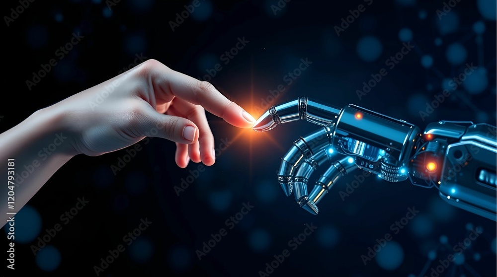 AI, Machine learning, Hands of robot and human touching on big data ...