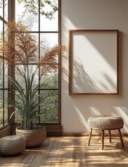 Wall Mural - Minimalist Interior with Blank Framed Canvas Sunlight Wooden Floor Scandinavian Design